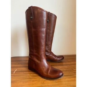 FRYE Melissa Lug Button Tall Riding Boots 77167 Brown Leather Side Zip W Size 7